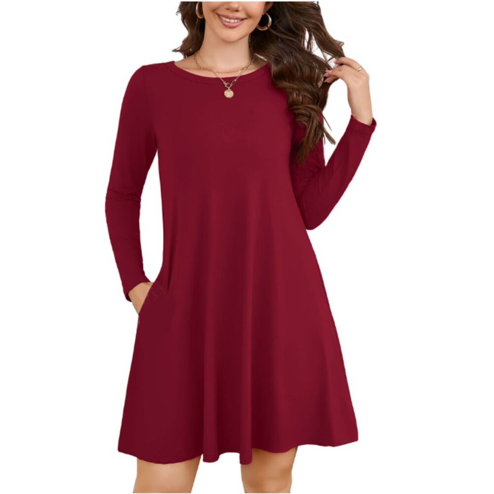 Long Sleeve Swing Dress Burgundy Sz S
